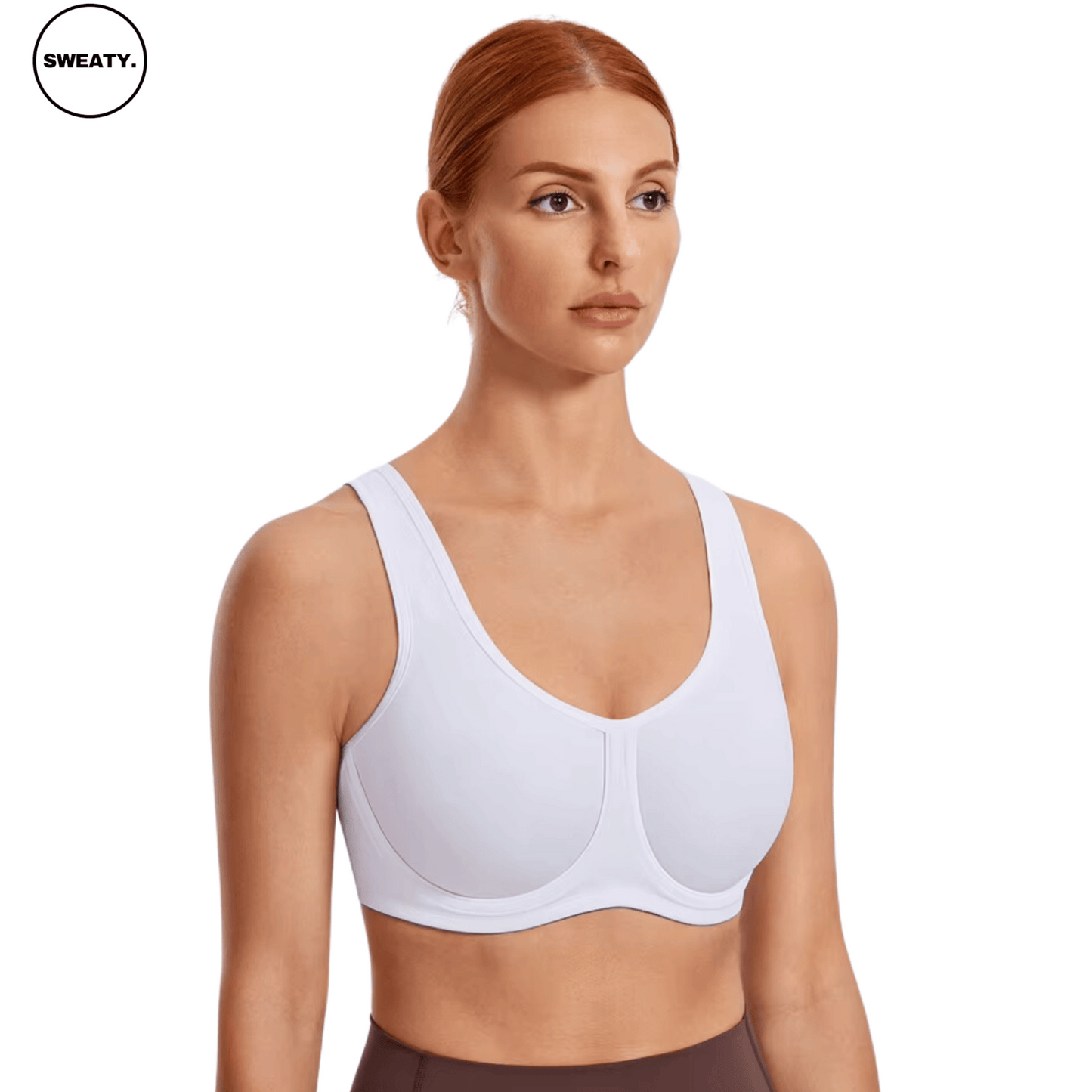 Side view of the White Max Control High Support Sports Bra worn by the model - Women's high-support bra designed for high-intensity workouts. Features moisture-wicking and breathable fabric to enhance comfort during activities like running and fitness, by SWEATY