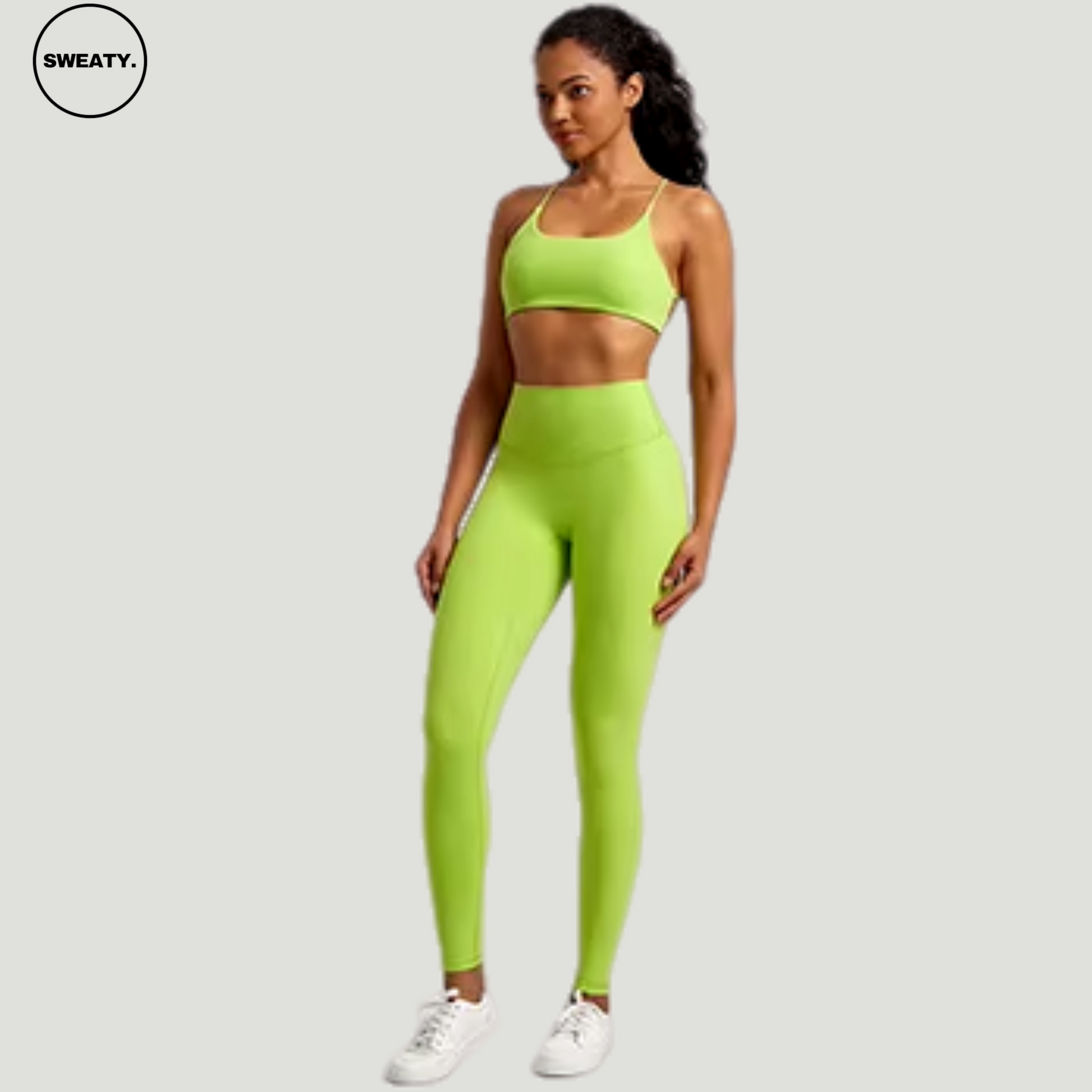 Neon Green Buttery Soft Gym Set by SWEATY - Women's eye-catching neon green sports bra and leggings, featuring a supportive and stylish cross-back design. Ideal for intense workouts where visibility and comfort are paramount.