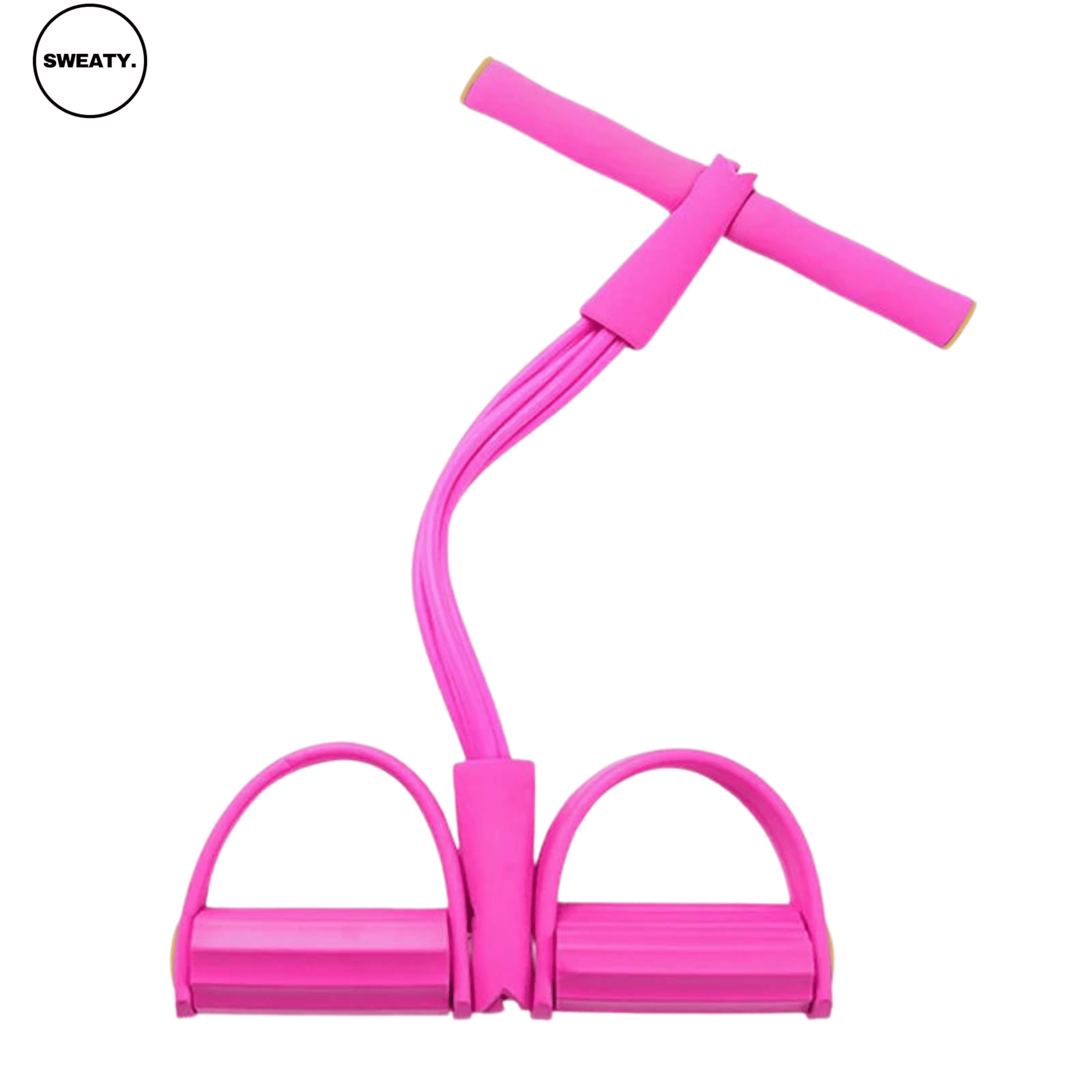 Pink fitness resistance band sit-up pull trainer shown from the side angle. Features a compact design with comfortable foam handles, ideal for strength, resistance, and toning workouts. Suitable for home and gym use, by SWEATY.