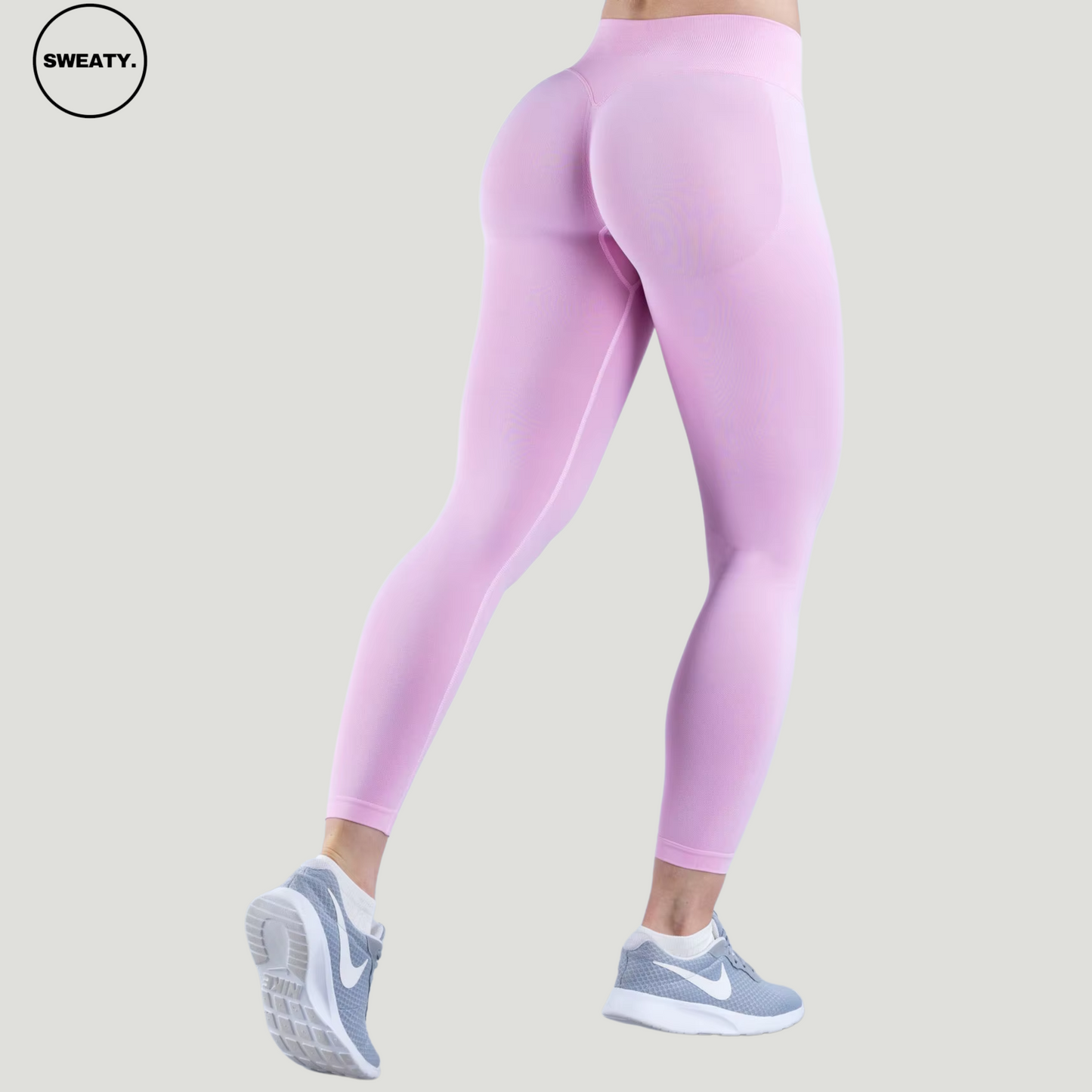 SWEATY Pink High Waist Scrunch Butt Yoga Leggings, back view showcasing the high-rise fit and scrunch design for accentuating curves and enhancing shape.