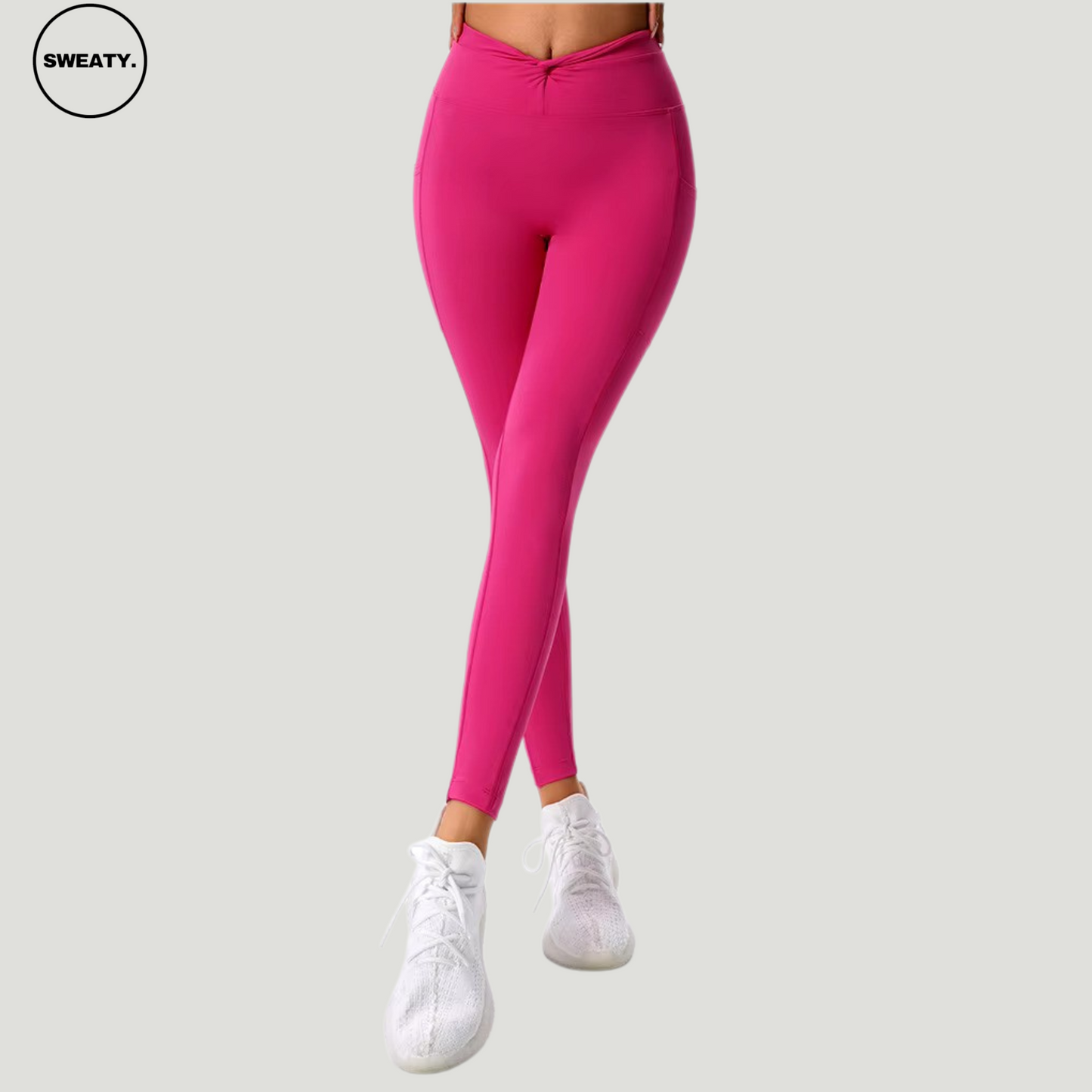 Front full-length view of the Pink Hips Yoga Legging by SWEATY, featuring a sleek high-waist design and vibrant pink color. These leggings are perfect for both yoga and casual wear, providing a comfortable fit and a stylish look.