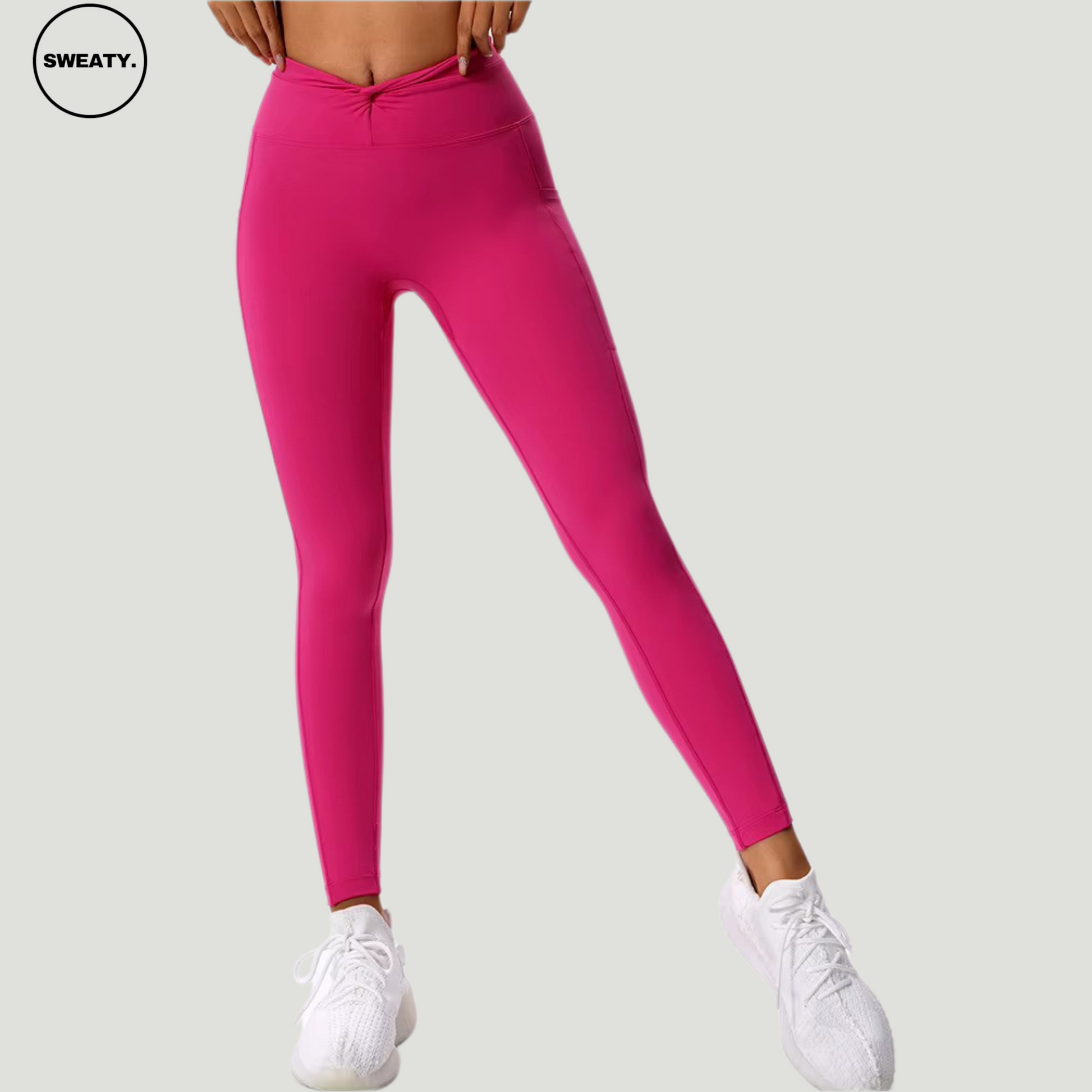 Front view of the Pink Hips Yoga Legging by SWEATY, featuring a vibrant pink color and high-waist design. These leggings offer a flattering fit, making them ideal for yoga and fitness, with a focus on comfort and style.