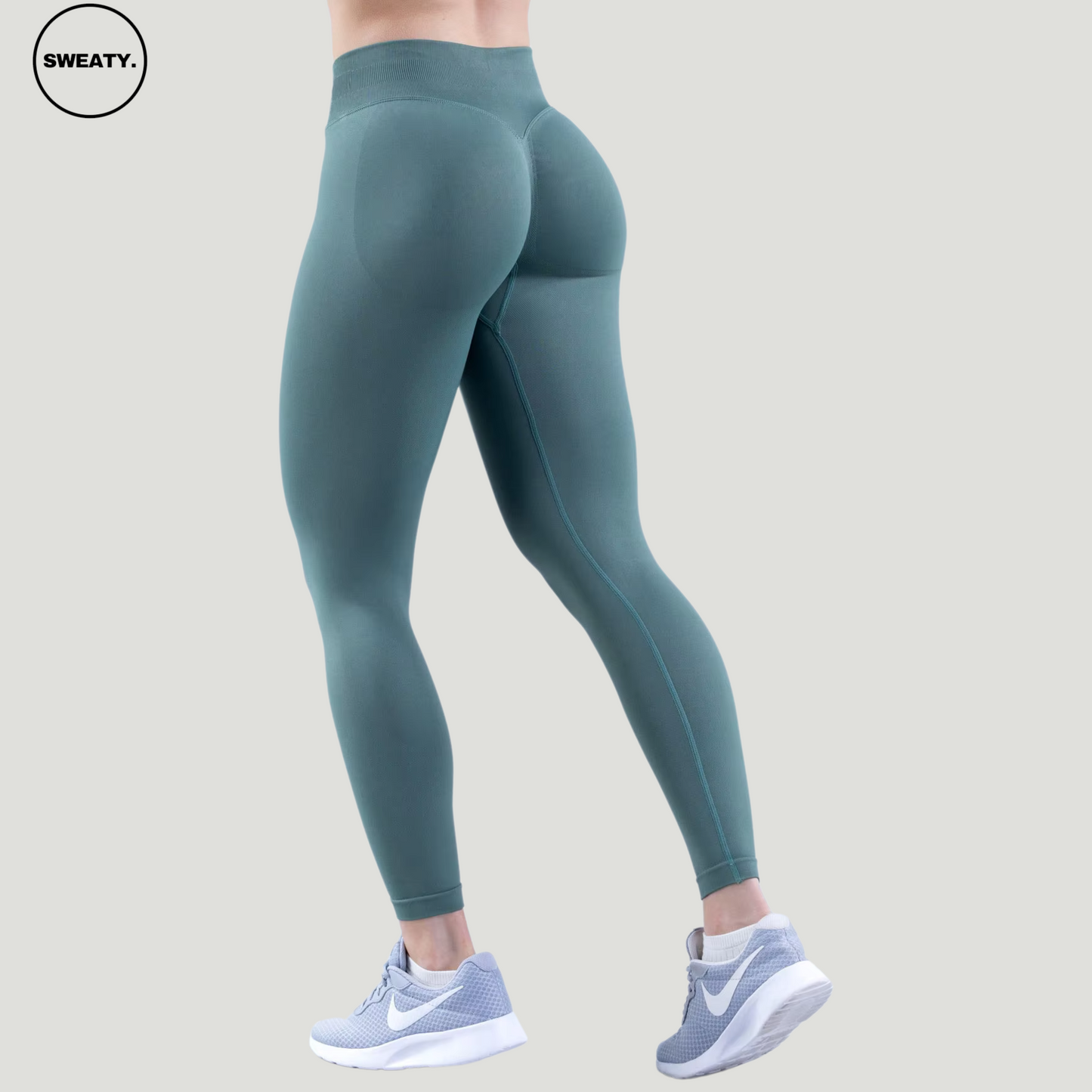 SWEATY Pistachio High Waist Scrunch Butt Yoga Leggings, back angle view showing the scrunch detail for a flattering fit and accentuated silhouette.