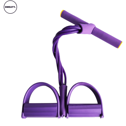 Purple resistance band by SWEATY, shown from a top view, designed for muscle toning and stretching exercises.