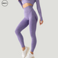 Front angle view of Purple seamless high-waist leggings by SWEATY, showcasing a flattering fit and comfortable high-rise waistband.