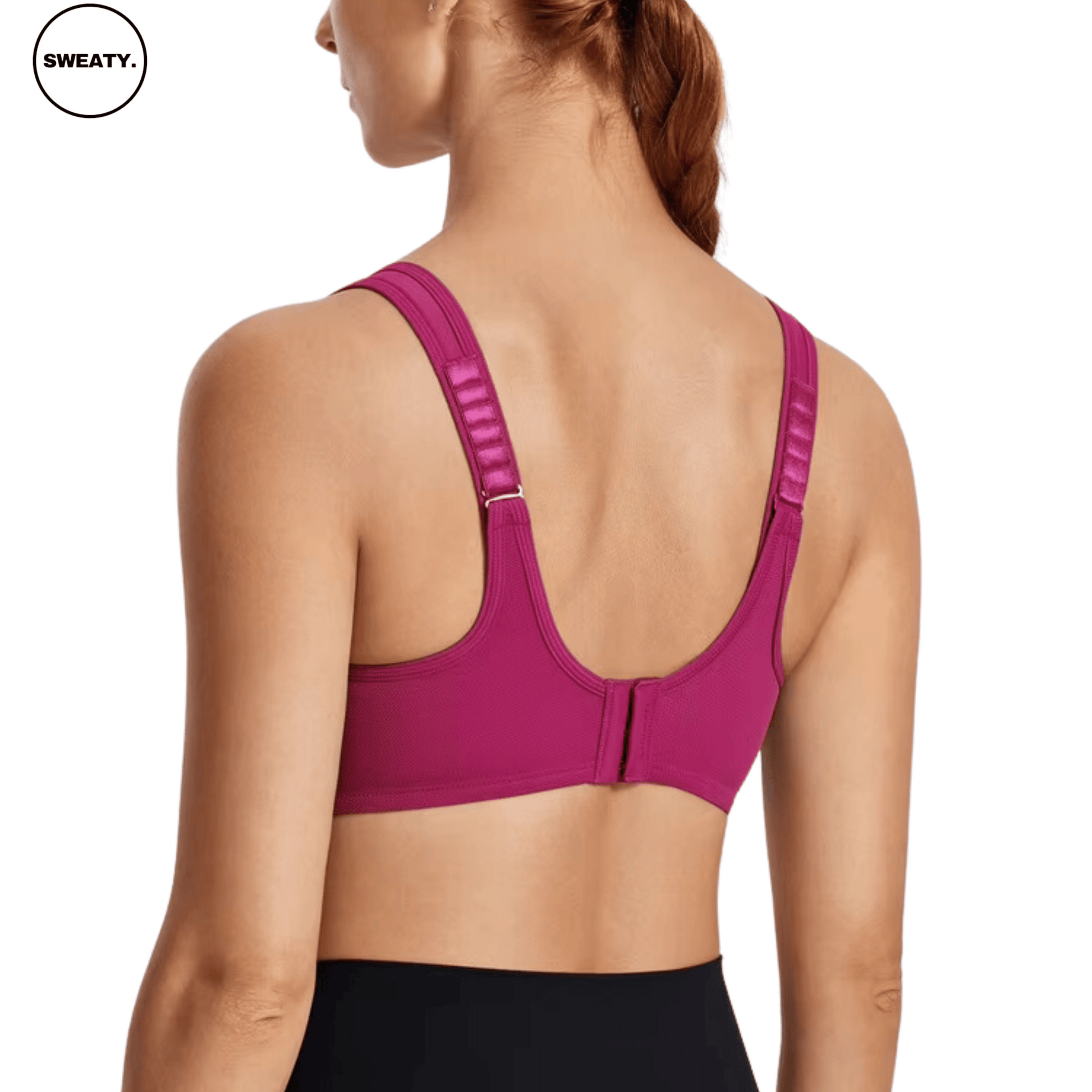 Purple Sports Bra by SWEATY - Women's supportive sports bra with adjustable straps, shown from the back angle. SWEATY activewear provides breathable fabric and maximum support for high-impact workouts.