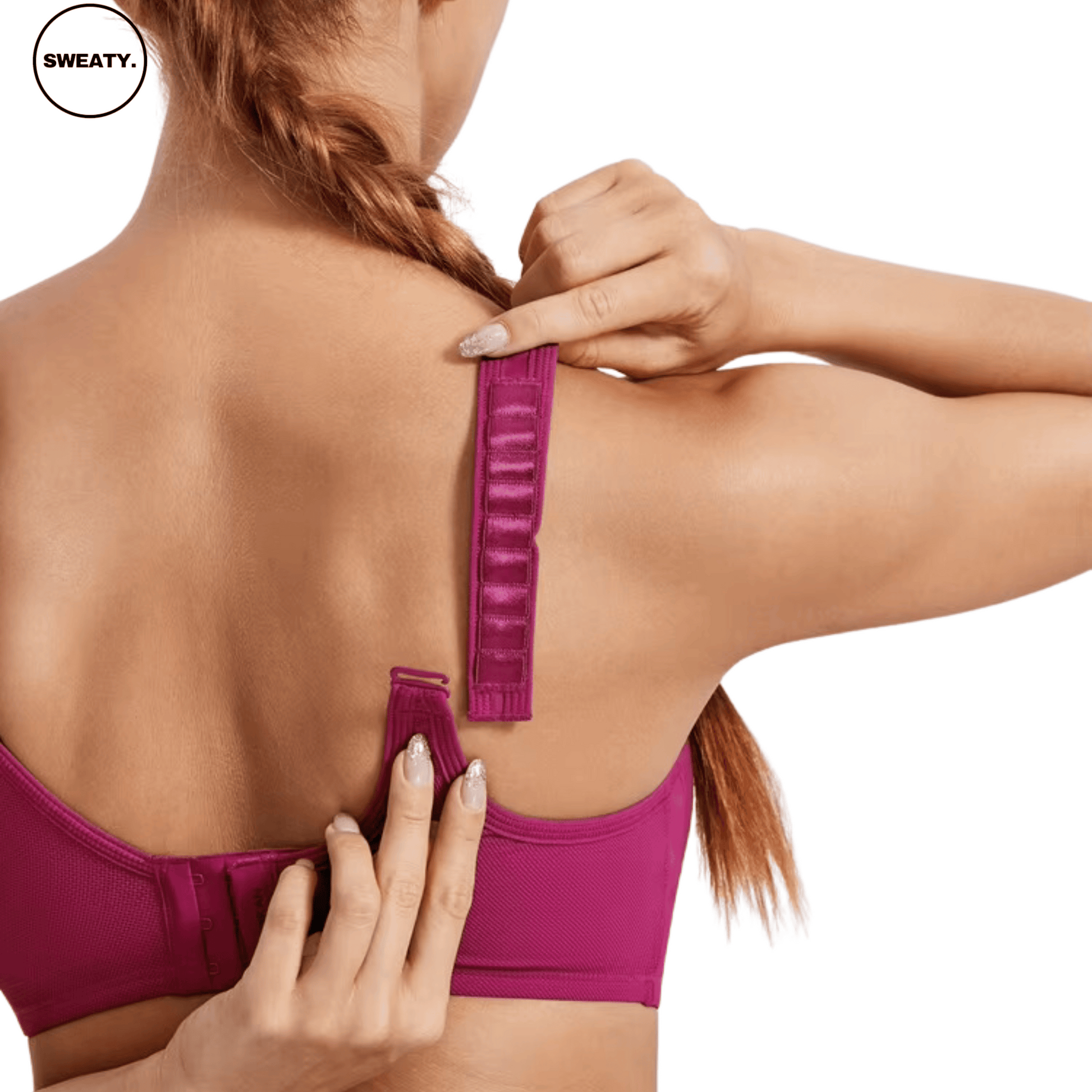 Purple Sports Bra by SWEATY - Close-up of adjustable straps for a custom fit. SWEATY activewear features secure and supportive design, ideal for high-impact workouts.