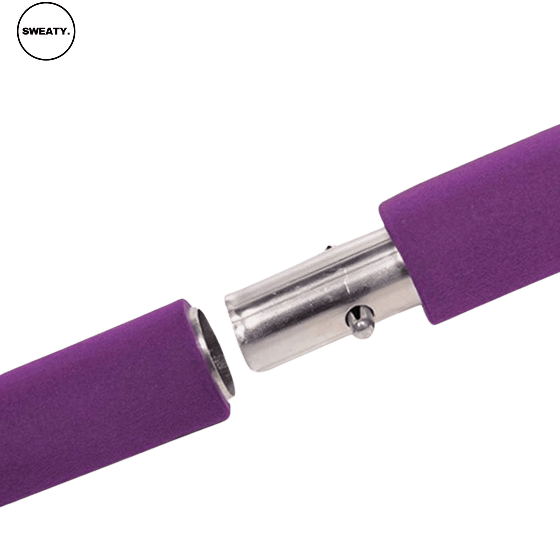 Close-up detail view of the purple workout bar by SWEATY, showing the secure connection mechanism. Ideal for resistance training and strength exercises with durable design