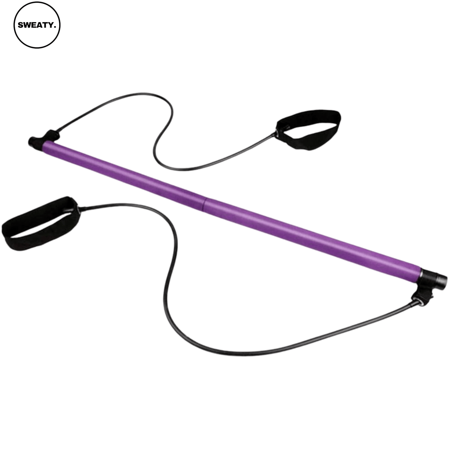 Front view of purple workout bar by SWEATY - designed for resistance training and full-body workouts. The bar comes with adjustable resistance bands for various exercises.