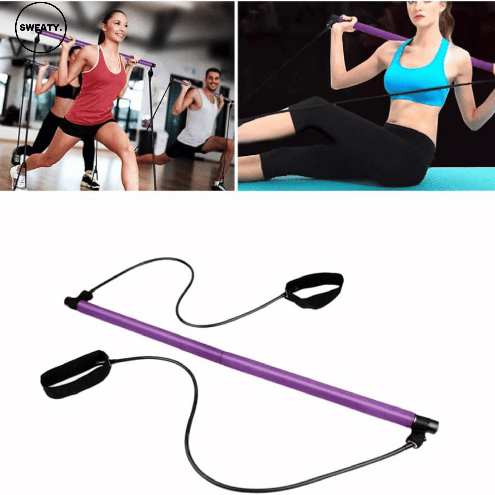 Group workout scene using purple workout bar by SWEATY for strength and resistance exercises. Features resistance bands for versatile full-body workouts.