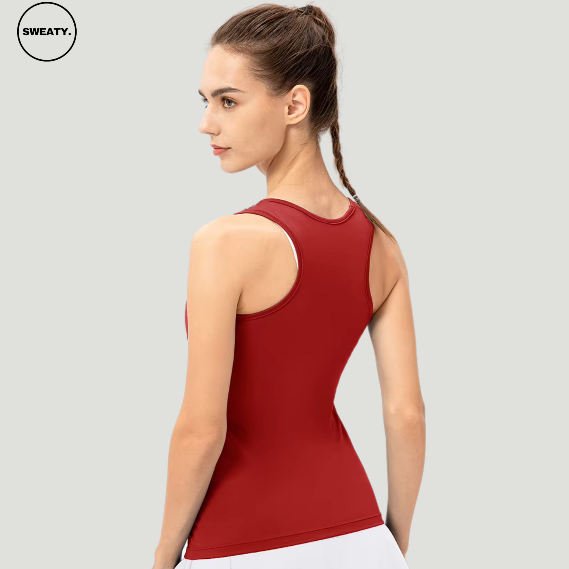 Back view of Red Candy Colour Quick Dry Vest by SWEATY - Women's lightweight, breathable, and moisture-wicking tank top designed for yoga, running, and fitness activities. Comfortable SWEATY activewear for optimal performance.