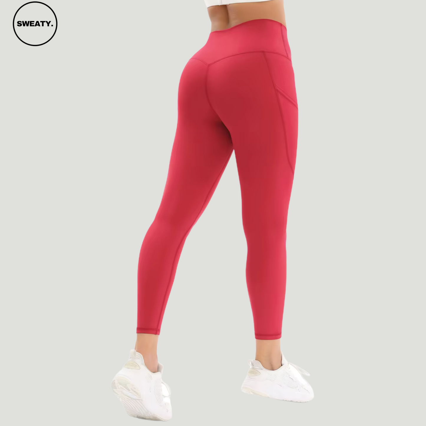 Red Naked Feel Tummy Control Yoga Pants by SWEATY - Back view showcasing the sculpted fit and high-rise waist for maximum support and comfort. Ideal for yoga, fitness, and running. Breathable, sweat-wicking fabric for a smooth workout experience.