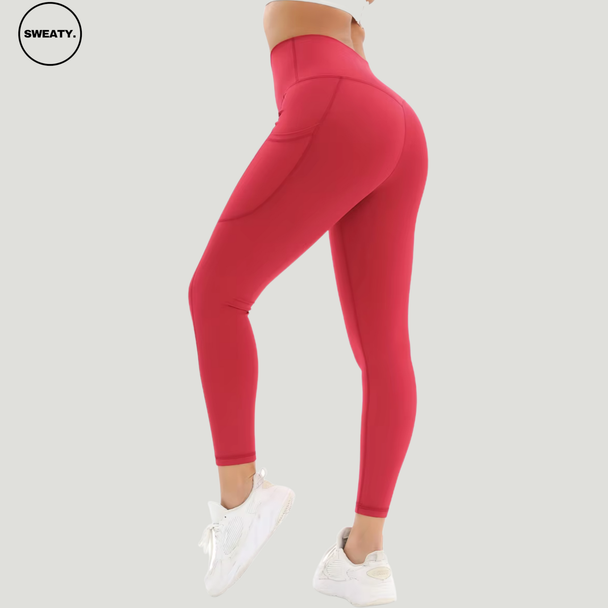 Red Naked Feel Tummy Control Yoga Pants by SWEATY - Side view highlighting high-waist design with sleek, form-fitting look and side pocket. Perfect for yoga, running, and fitness. Moisture-wicking and breathable fabric for comfort during workouts.