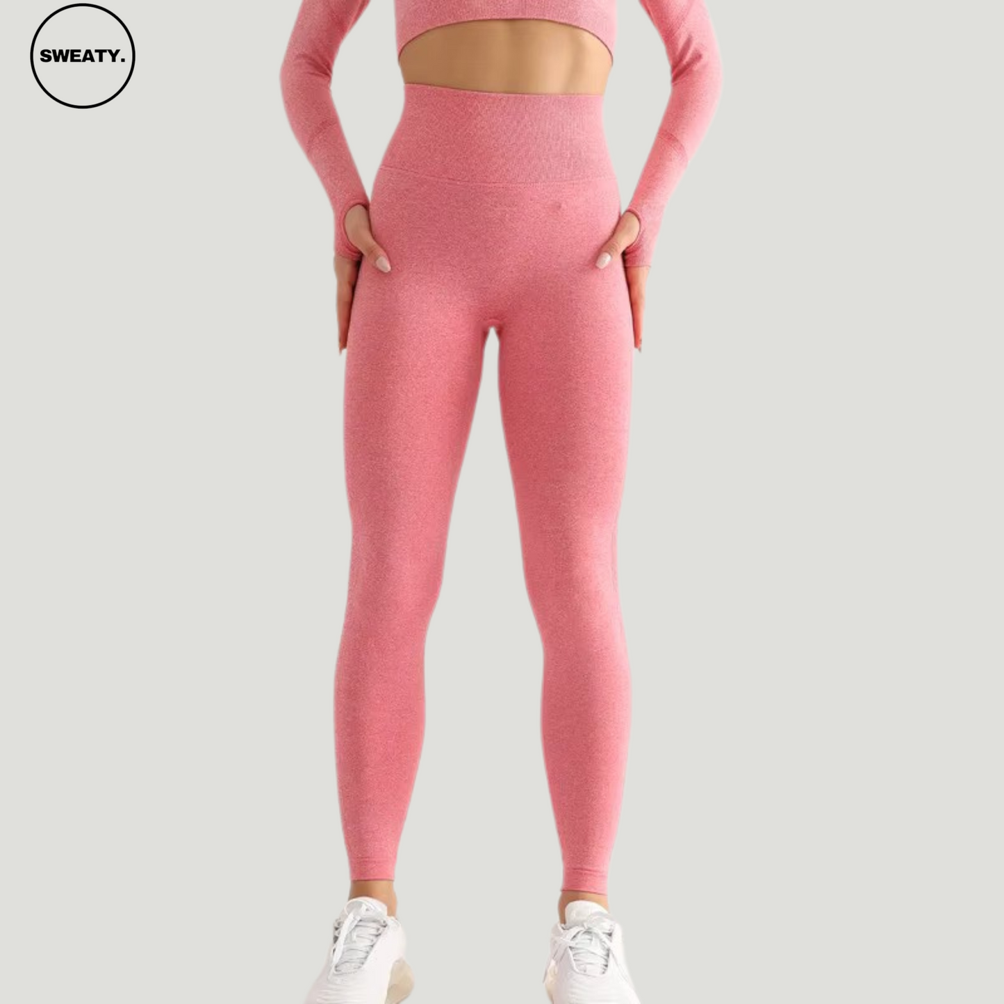 Front angle of Red seamless high-waist leggings by SWEATY, showcasing the high-rise fit and supportive design for activewear.