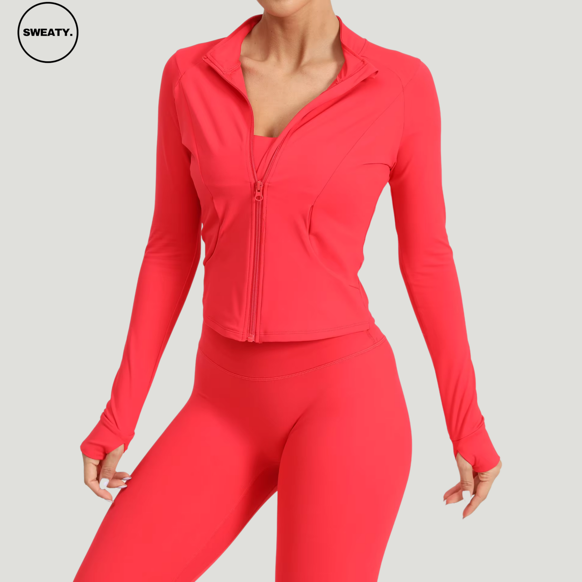 Close front view of Red Three Piece Workout Set by SWEATY - Women's activewear with a sleek fit, featuring moisture-wicking, breathable fabric for comfort during yoga, running, and fitness routines.