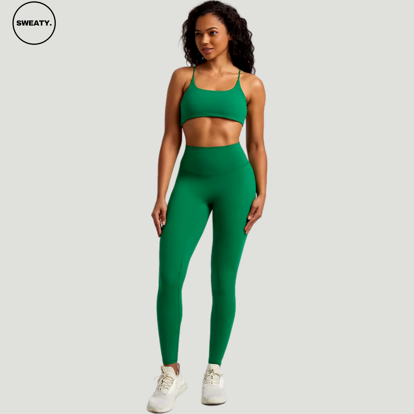 Retro Green Buttery Soft Gym Set by SWEATY - Women's stylish and functional gym wear in a striking retro green, with a smooth, supportive sports bra and high-waisted leggings designed for superior movement and comfort during workouts.