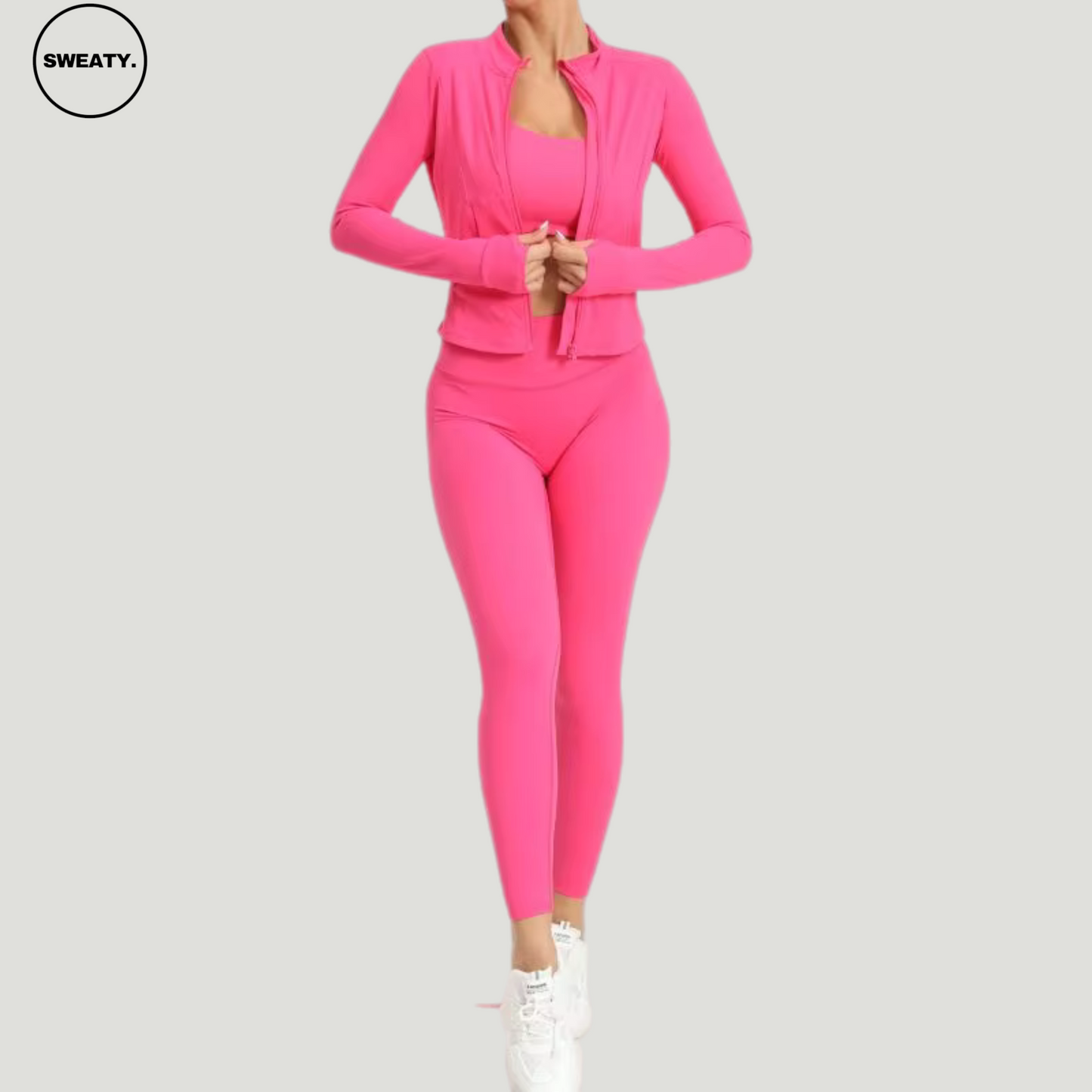 Rose Red Three Piece Workout Set by SWEATY - Close-up of the women's workout set featuring breathable, moisture-wicking fabric. Designed for yoga, gym, and fitness activities, offering seamless comfort with a flattering fit.