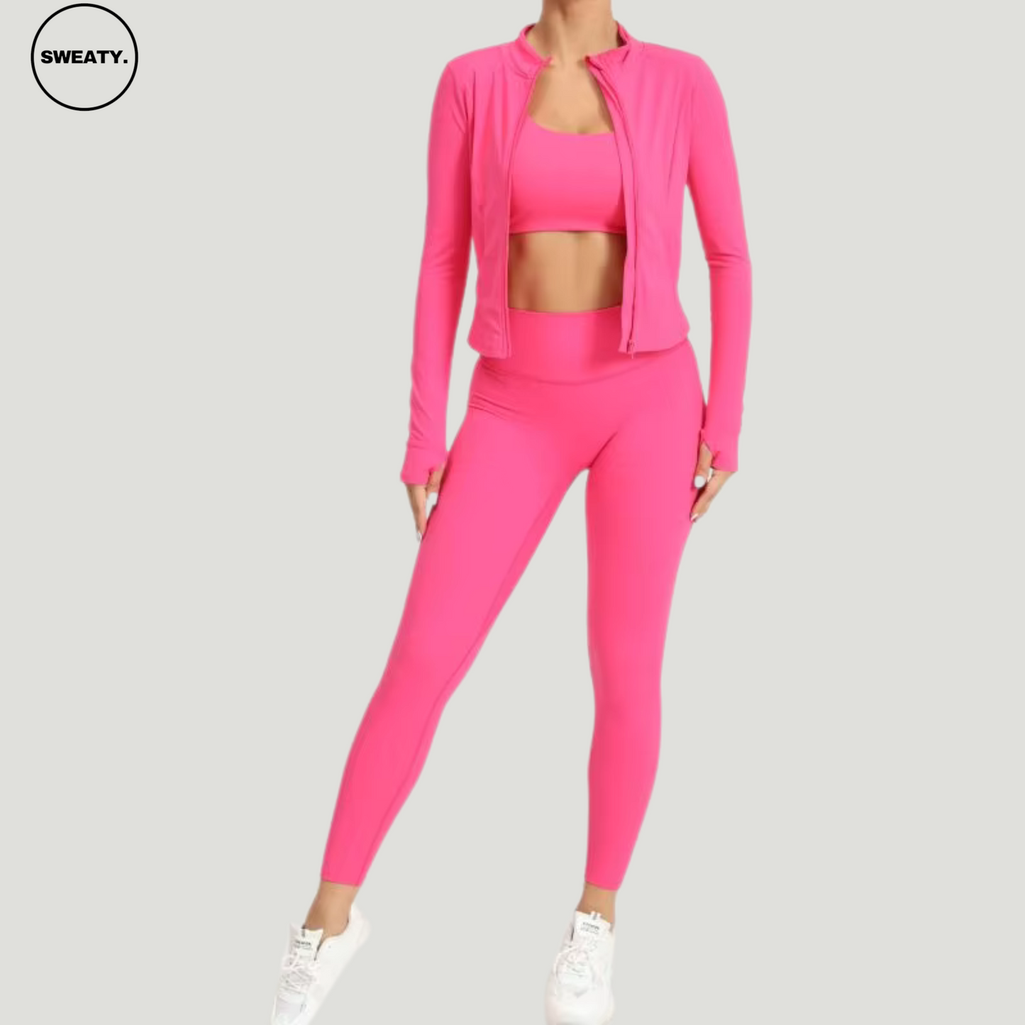 Rose Red Three Piece Workout Set by SWEATY - Women's seamless, moisture-wicking activewear set. Breathable and flexible, ideal for yoga, running, and gym workouts. SWEATY fitness gear with a stylish high-waisted design for maximum comfort and performance.