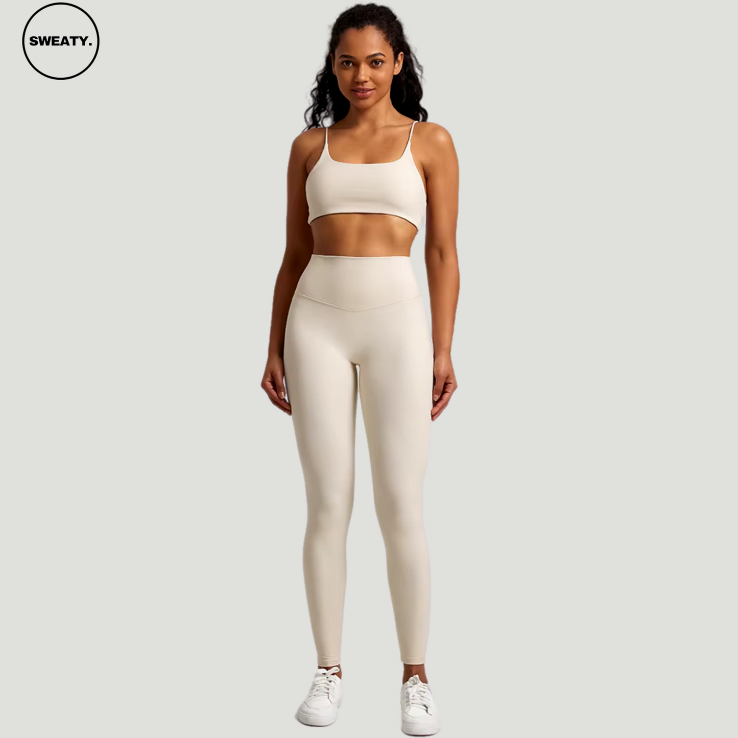 Sand Gray Buttery Soft Gym Set by SWEATY - Women's high-quality performance gym wear in a chic sand gray color, crafted with ultra-soft fabric for superior comfort and flexibility during workouts. Perfect for those who prefer a sleek and understated look.