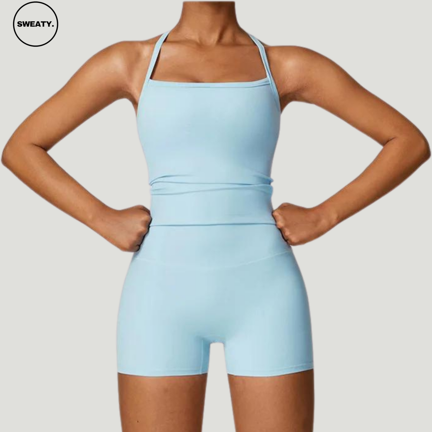 Sky Blue Push-Up Gym Bra Top and shorts set by SWEATY designed for optimal support and comfort. Moisture-wicking, breathable fabric perfect for yoga, running, and high-intensity workouts. Stylish activewear for women prioritizing performance and fashion.