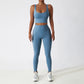 Sky blue seamless tracksuit set by SWEATY - Women's high-waisted leggings and matching supportive sports bra, made with breathable and moisture-wicking fabric. Perfect for yoga, running, and fitness sessions, providing comfort and flexibility during workouts.