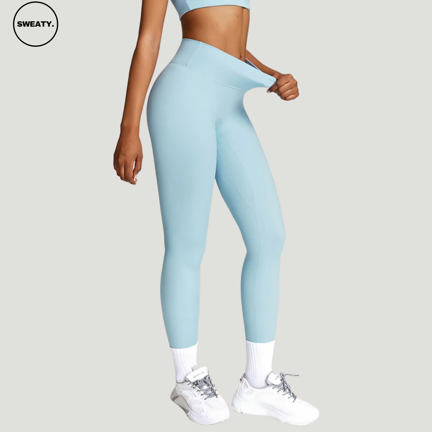 Sky Blue seamless yoga leggings by SWEATY – high-waisted, breathable, and moisture-wicking workout leggings designed for yoga, running, and gym activities. Featuring a flexible and supportive fit.