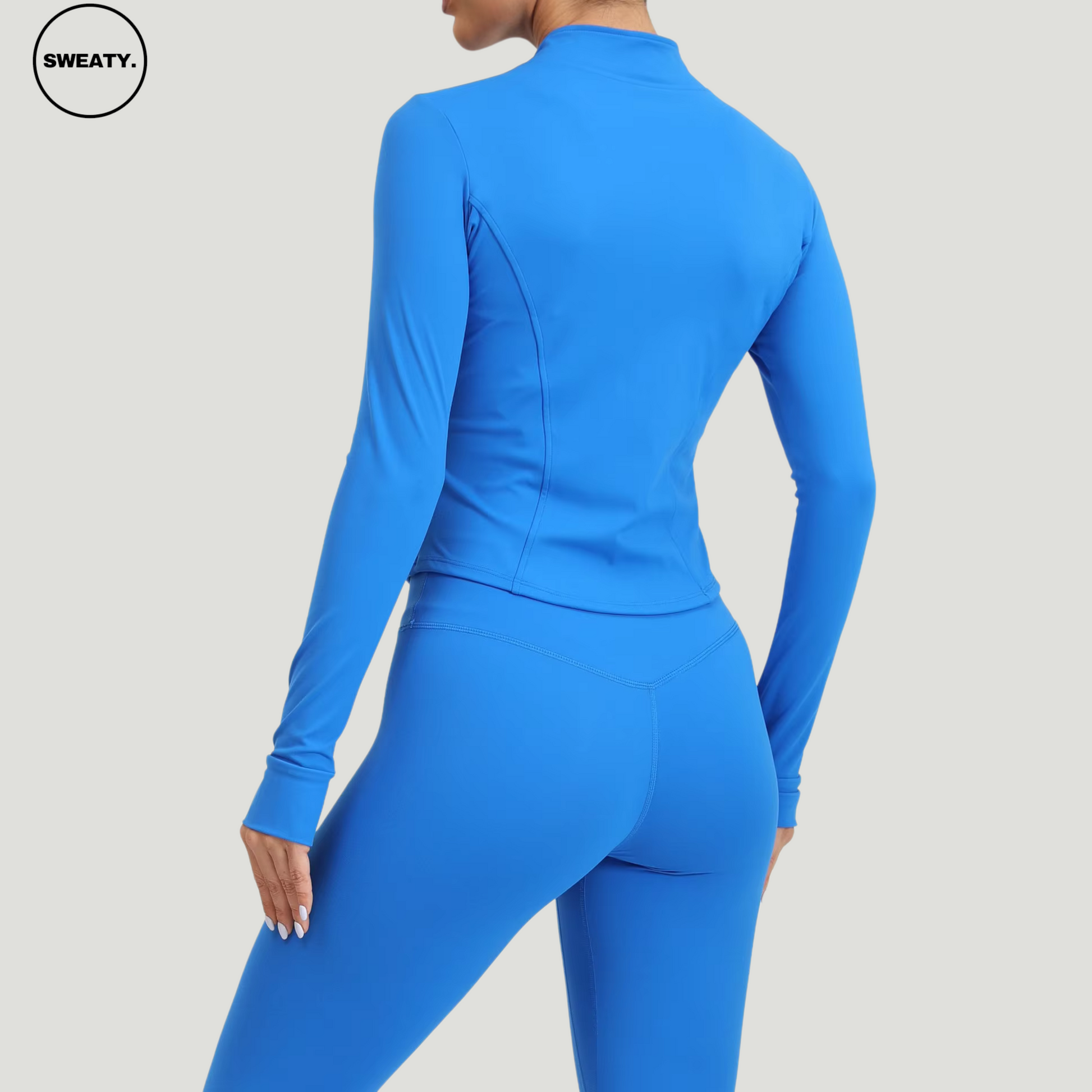 Back view of the Sky Blue Three Piece Workout Set by SWEATY - Designed for flexibility and comfort with moisture-wicking fabric, ideal for fitness.