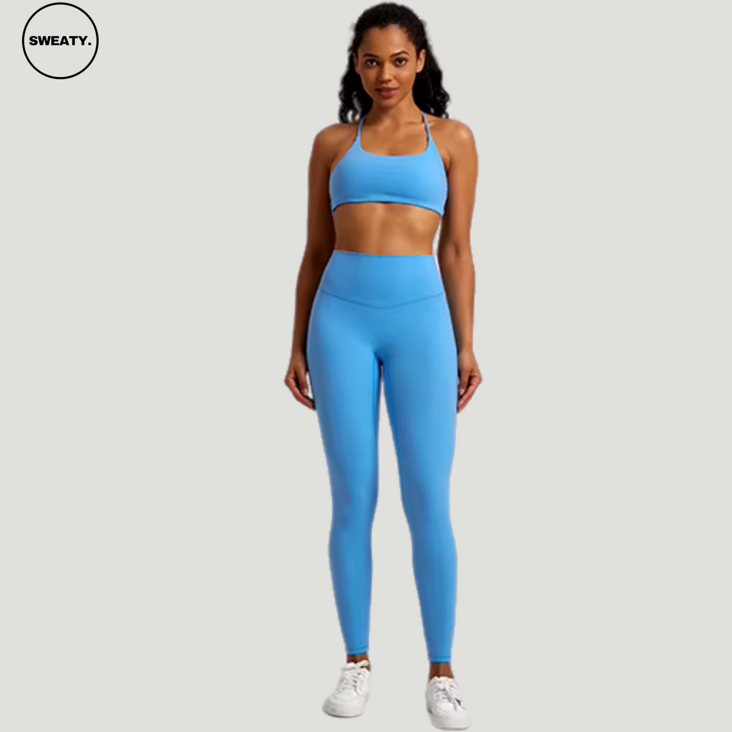 Turquoise Blue Buttery Soft Gym Set by SWEATY - Sleek and stylish women's workout set with a supportive sports bra and high-rise leggings in striking turquoise blue, designed for optimal movement and breathability during intense gym sessions.