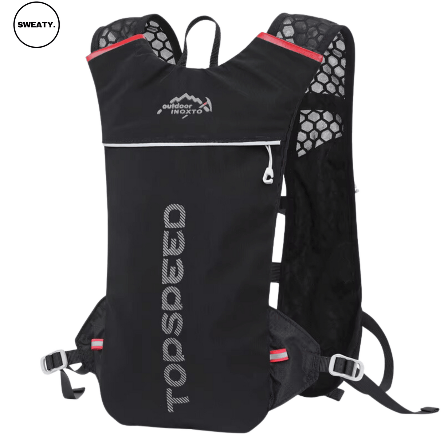 SWEATY Ultra-Light Weight Hydration Vest in black, front view showcasing its minimalist design with breathable mesh shoulder straps and adjustable buckles for a secure fit.