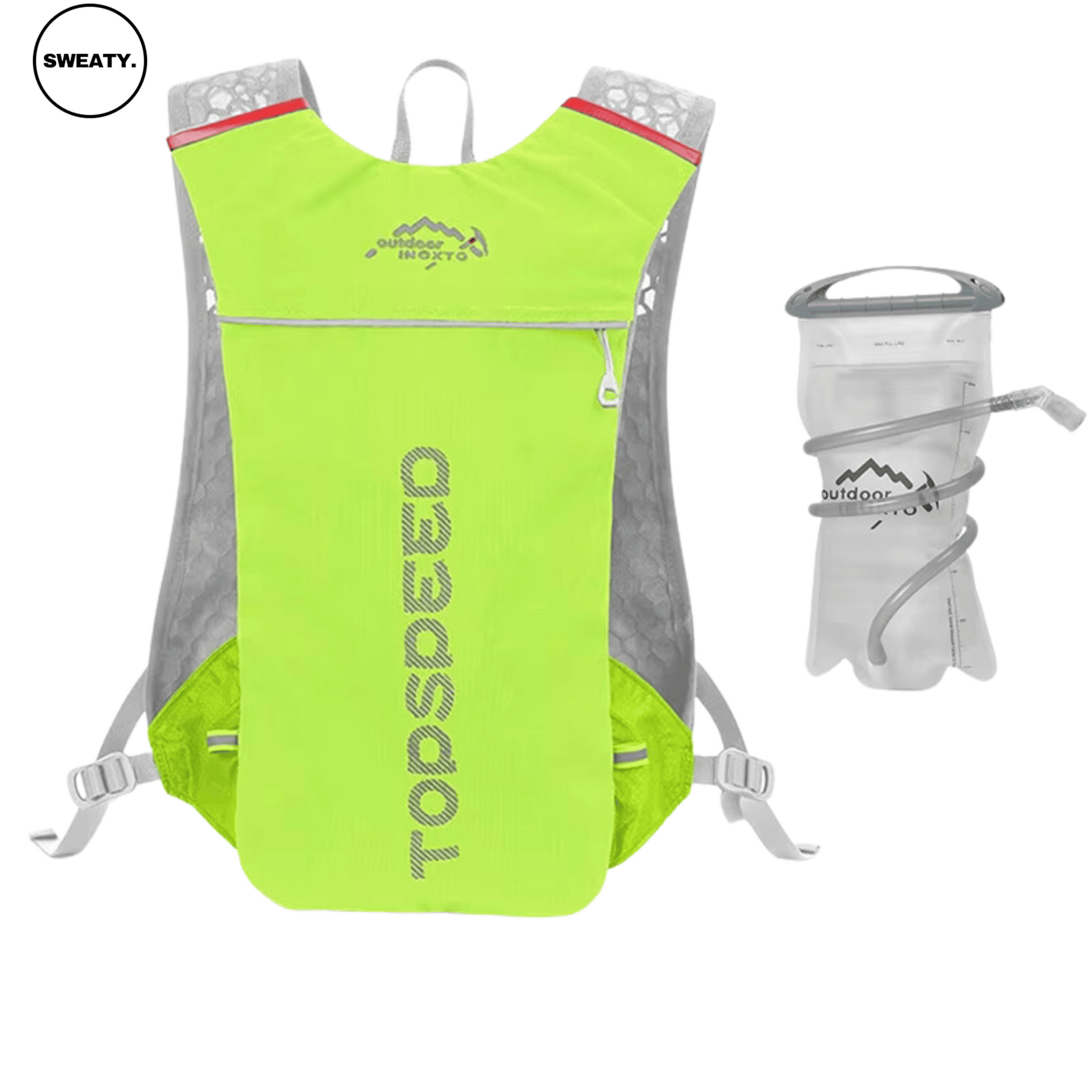 SWEATY Ultra-Light Weight Hydration Vest in bright green with accompanying water bladder, showing front design and hydration compatibility for active outdoor use.