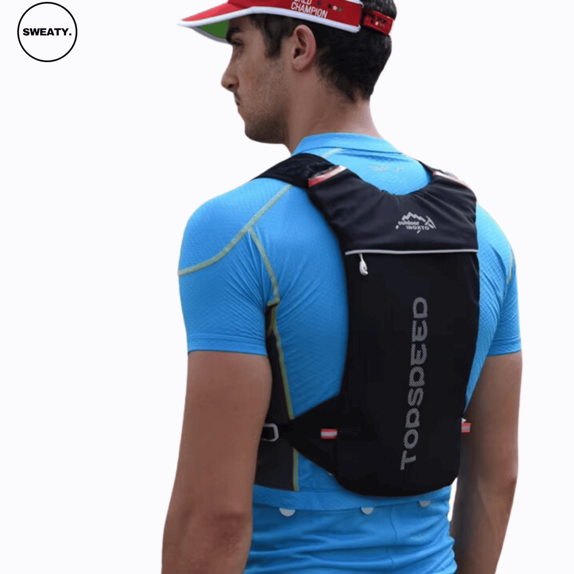 SWEATY Ultra-Light Weight Hydration Vest worn by a model, back view showing its ergonomic fit with adjustable straps and streamlined design, ideal for runners and outdoor athletes.