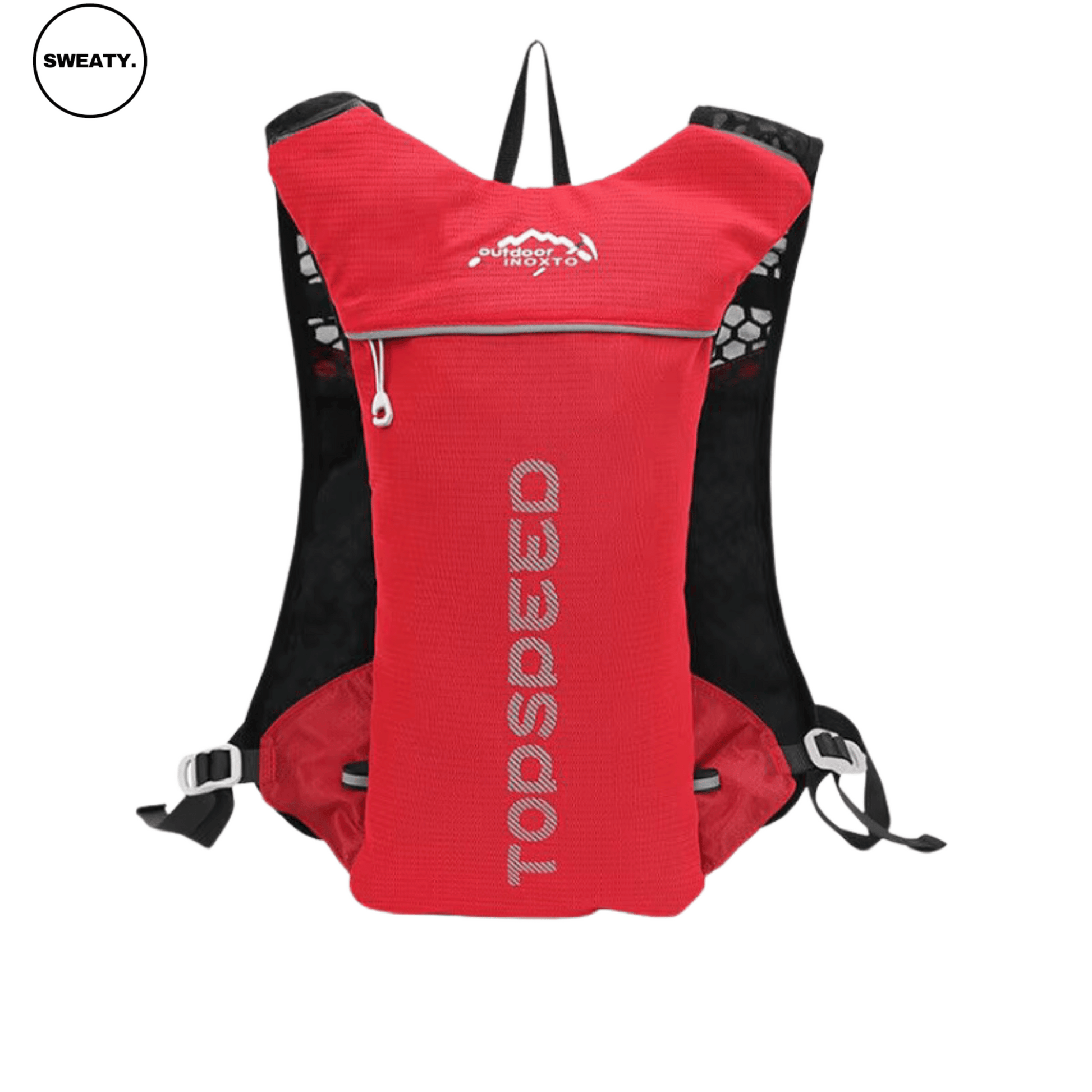 SWEATY Ultra-Light Weight Hydration Vest in vibrant red, showcasing front design and compact structure ideal for outdoor activities and endurance running.