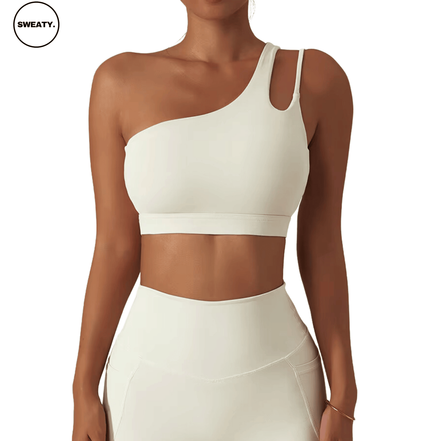 Front view of a white Asymmetrical Double Strap Sports Bra by SWEATY, offering a unique one-shoulder design for stylish support during workouts.