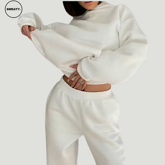 White-High-Waisted-Wide-Leg-Sweatpants-Hoodie-Front-Angle-by-SWEATY - Women's comfortable and relaxed-fit sweatpants ideal for casual wear, lounging, or low-impact activities. SWEATY activewear with soft, breathable fabric for all-day comfort.