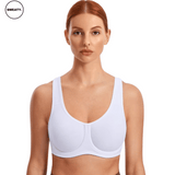 Front-facing model wearing the White Max Control High Support Sports Bra - Women's high-support sports bra designed for intense workouts. Features moisture-wicking, breathable fabric for optimal comfort during high-impact activities like running and fitness, by SWEATY.