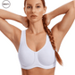 Model with hands up wearing the White Max Control High Support Sports Bra - Women's high-support sports bra designed for intense workouts. Features moisture-wicking, breathable fabric for optimal comfort during high-impact activities like running and fitness, by SWEATY.