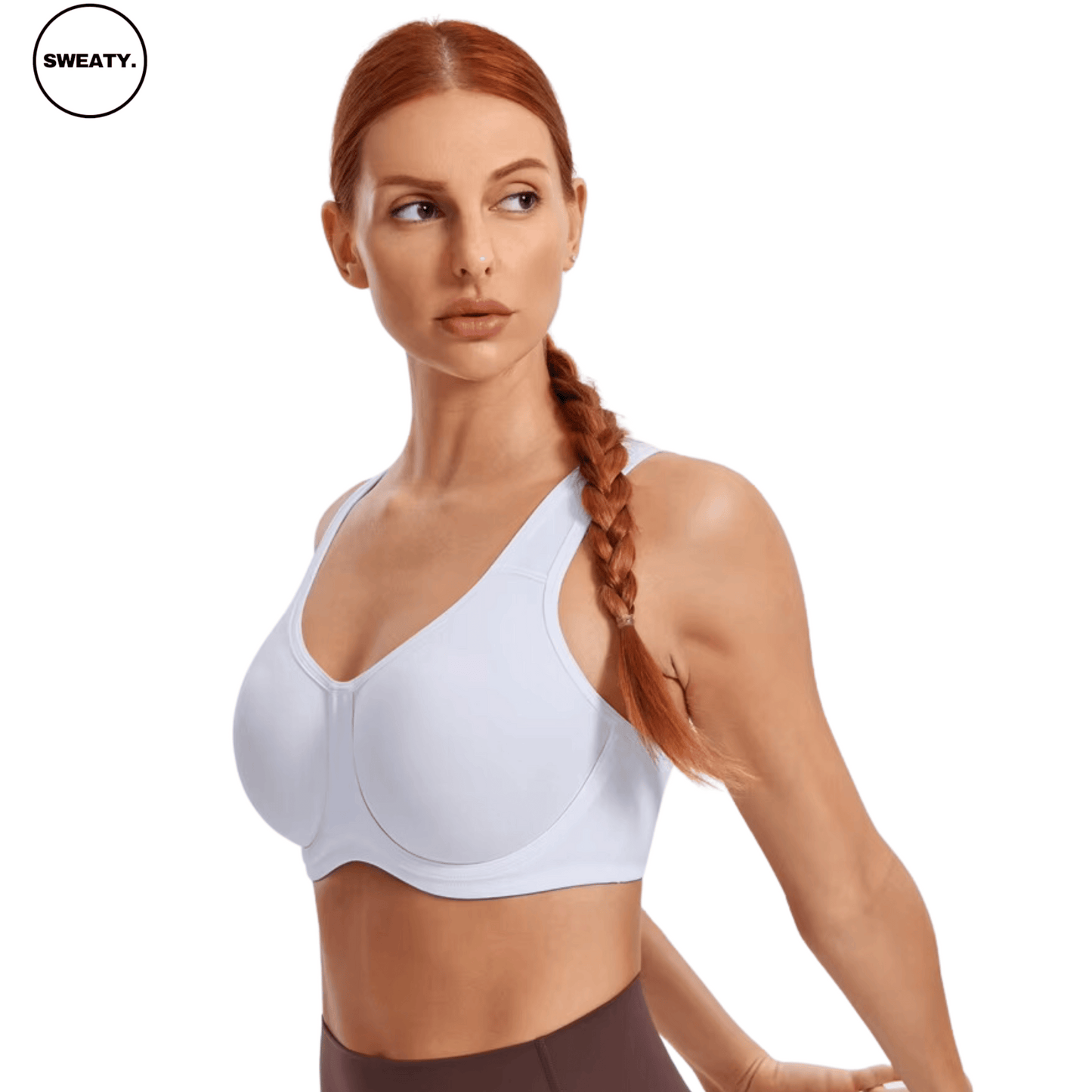 Side-facing model wearing the White Max Control High Support Sports Bra - Women's high-support sports bra designed for intense workouts. Features moisture-wicking, breathable fabric for optimal comfort during high-impact activities like running and fitness, by SWEATY.