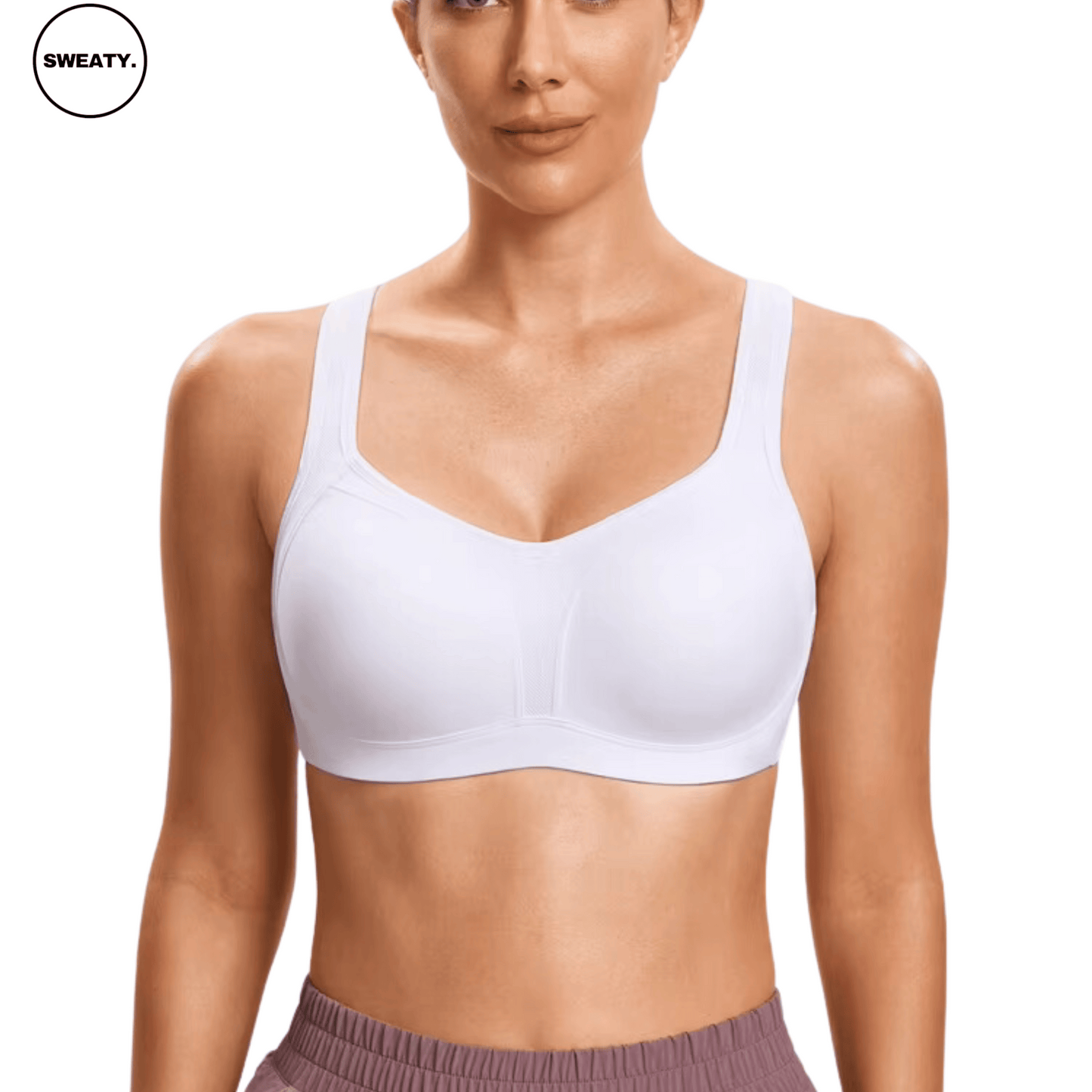 Front view of White Supportive Sports Bra by SWEATY, featuring a seamless design with wide straps and underwire support for comfort during high-intensity workouts.