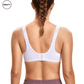 Full back view of the White Supportive Sports Bra by SWEATY, showcasing the secure hook-and-eye closure and adjustable straps for customized comfort and support.