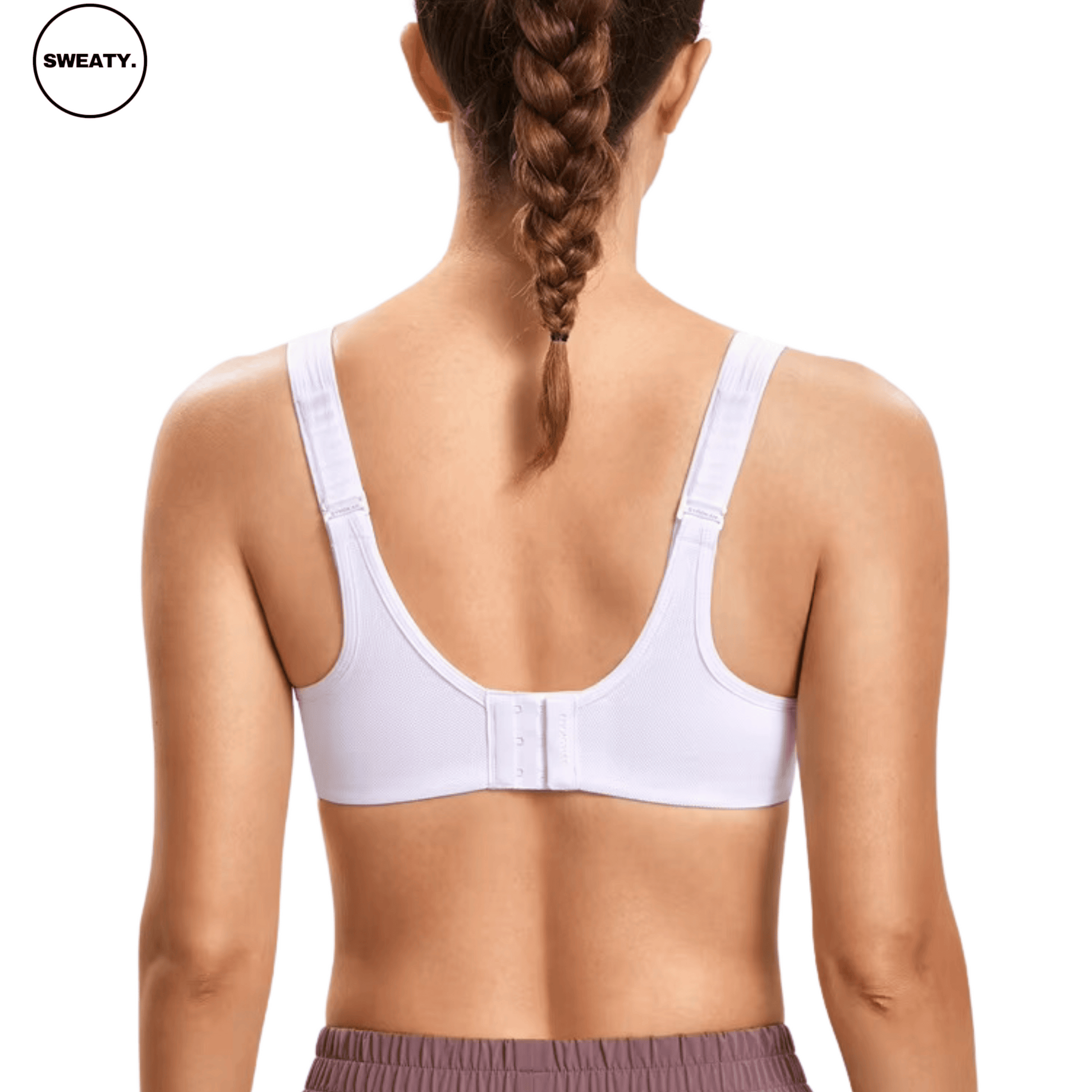 Full back view of the White Supportive Sports Bra by SWEATY, showcasing the secure hook-and-eye closure and adjustable straps for customized comfort and support.