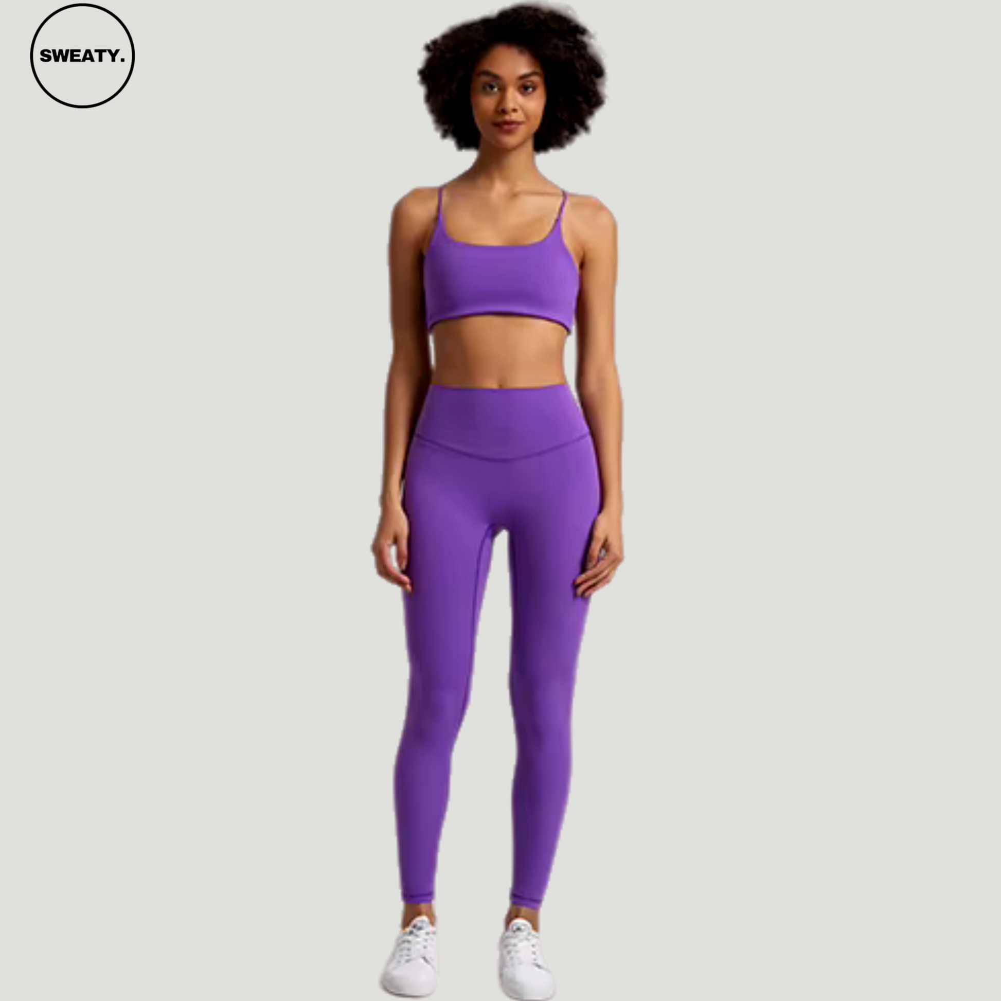 Wisteria Flower Buttery Soft Gym Set by SWEATY - This women's performance set in striking purple includes a supportive sports bra and high-waisted leggings designed for optimal movement and style during workouts, with a soft finish for ultimate comfort.