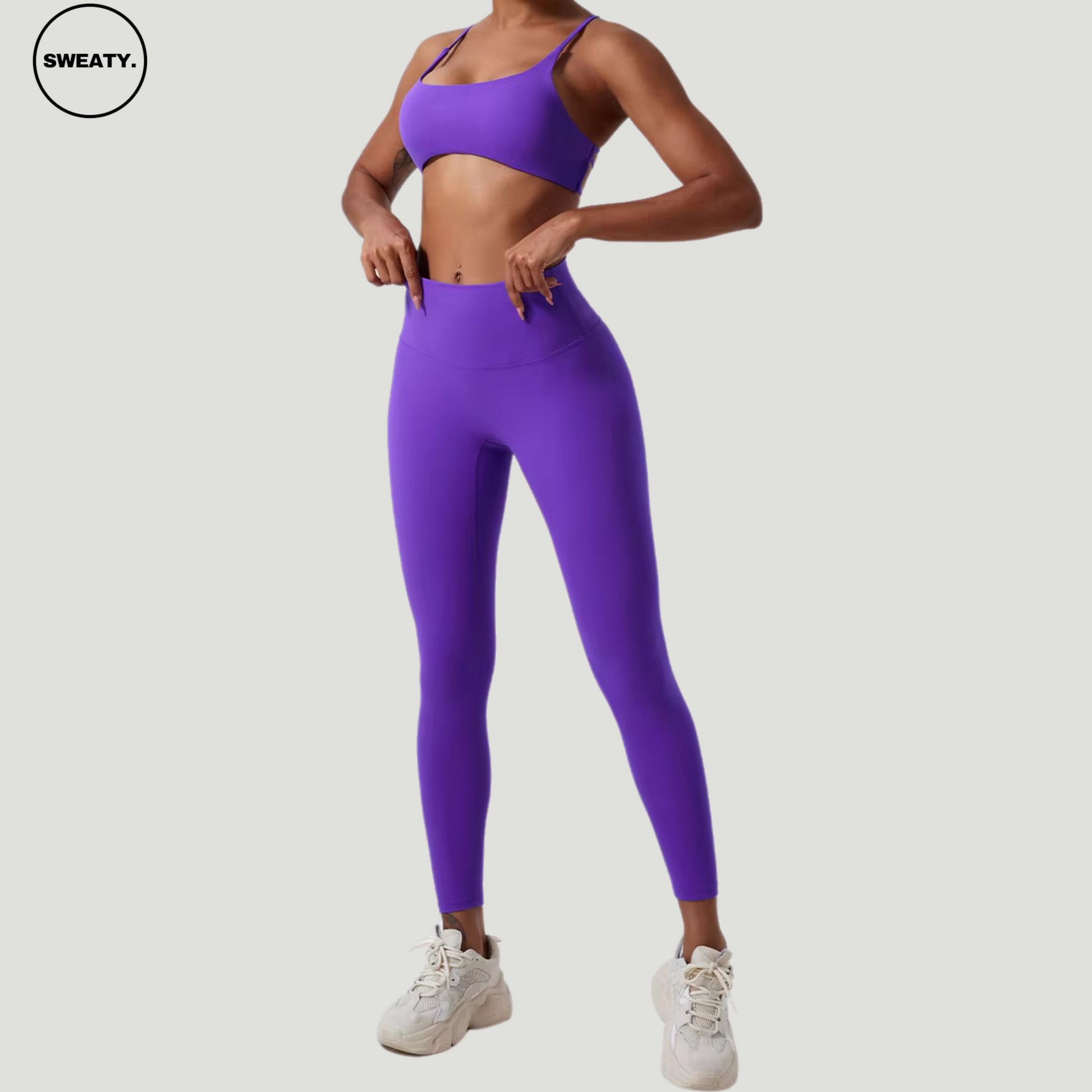 Wisteria Flower Buttery Soft Gym Set by SWEATY - Women's gym wear featuring ultra-comfortable, stretchable fabric in a beautiful purple shade. The side view highlights the contouring and figure-enhancing design suitable for all fitness activities.