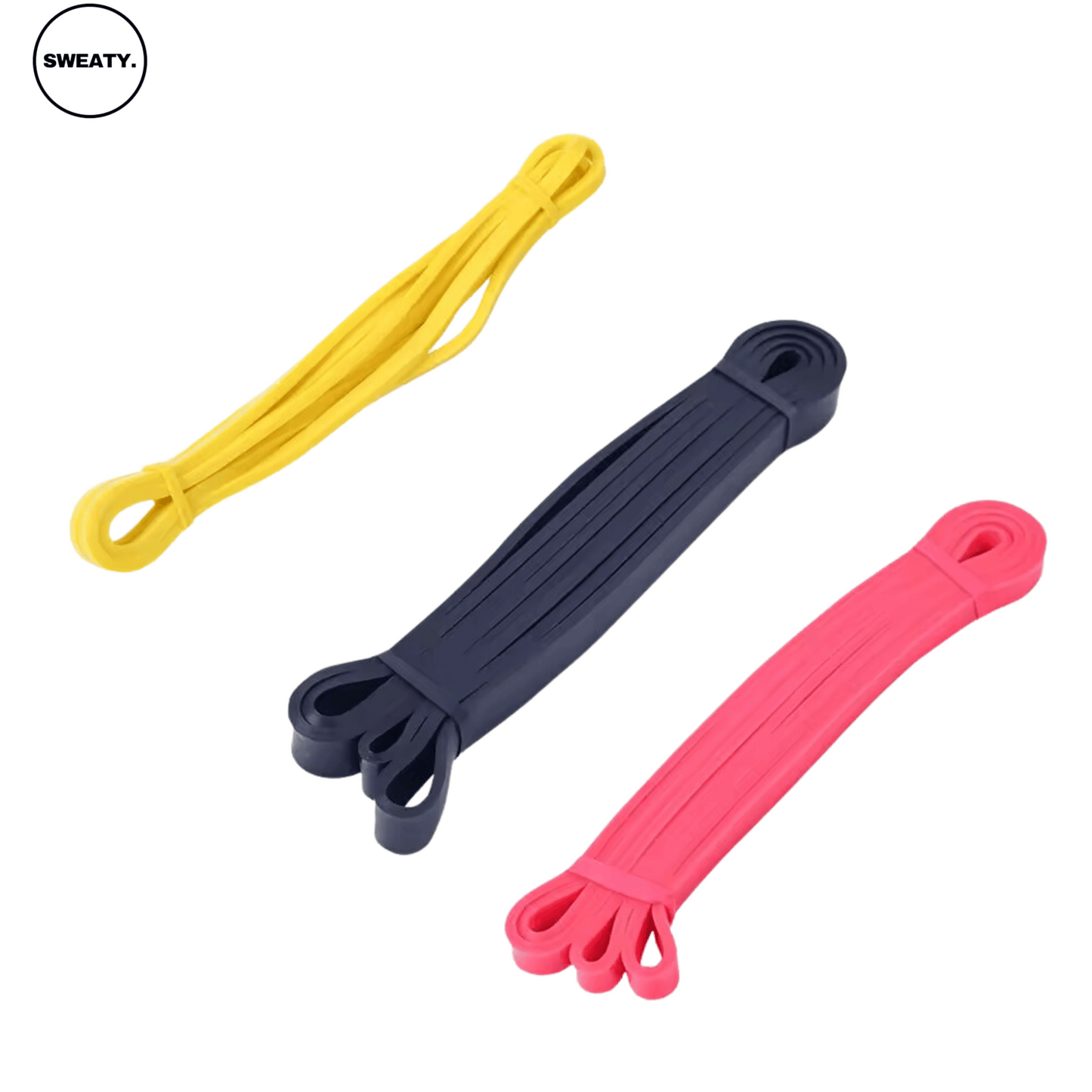 Set of three fitness resistance bands in yellow, black, and pink colors, displayed from a top angle. Versatile and durable, ideal for strength training, flexibility, and resistance exercises. Suitable for home and gym workouts. SWEATY fitness equipment for effective exercise routines.