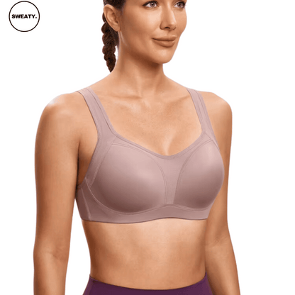 Side view of Mauve Supportive Sports Bra by SWEATY - Comfortable and supportive women's sports bra in mauve color, designed with wide shoulder straps and a seamless finish for optimal fit and motion during workouts.