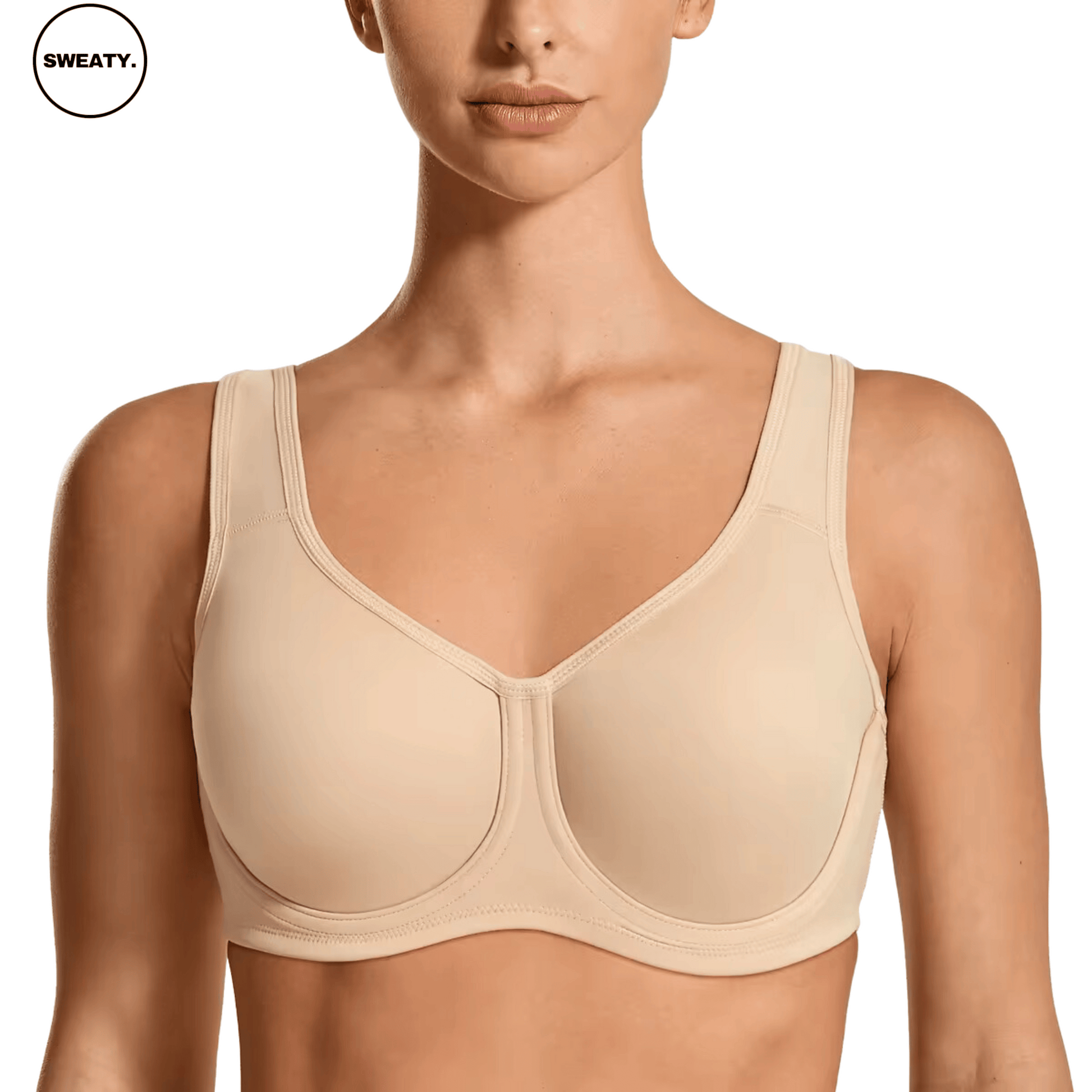 Beige Sports Bra by SWEATY - Women's supportive, moisture-wicking, and breathable sports bra designed for high-impact activities. SWEATY activewear shown from the front angle, providing maximum comfort and support during workouts.