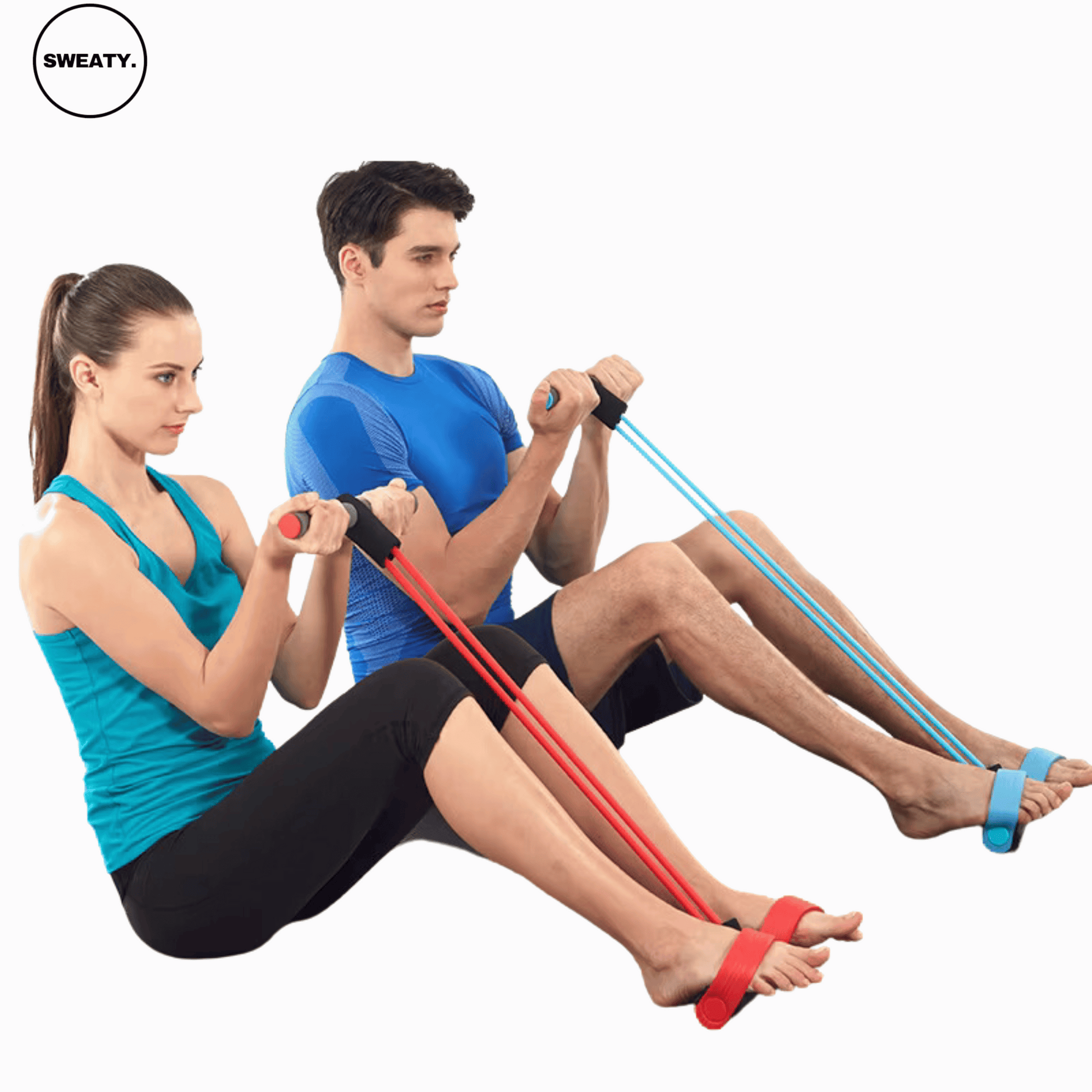 Red and blue fitness resistance bands for sit-up and pull exercises shown from the side angle. Adjustable pull trainer with ergonomic handles for strength training and toning, perfect for resistance workouts. SWEATY fitness equipment for effective home and gym exercises.