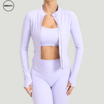 Light Purple Three Piece Workout Set by SWEATY - Women's stylish and stretchy workout set, including zip-up jacket, sports bra, and leggings. Designed for yoga, gym, and fitness. Moisture-wicking fabric for optimal comfort.