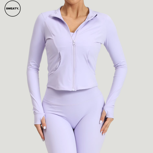 Light Purple Three Piece Workout Set by SWEATY - Complete view of the matching jacket, sports bra, and leggings designed for women. Moisture-wicking material perfect for high-performance activities.