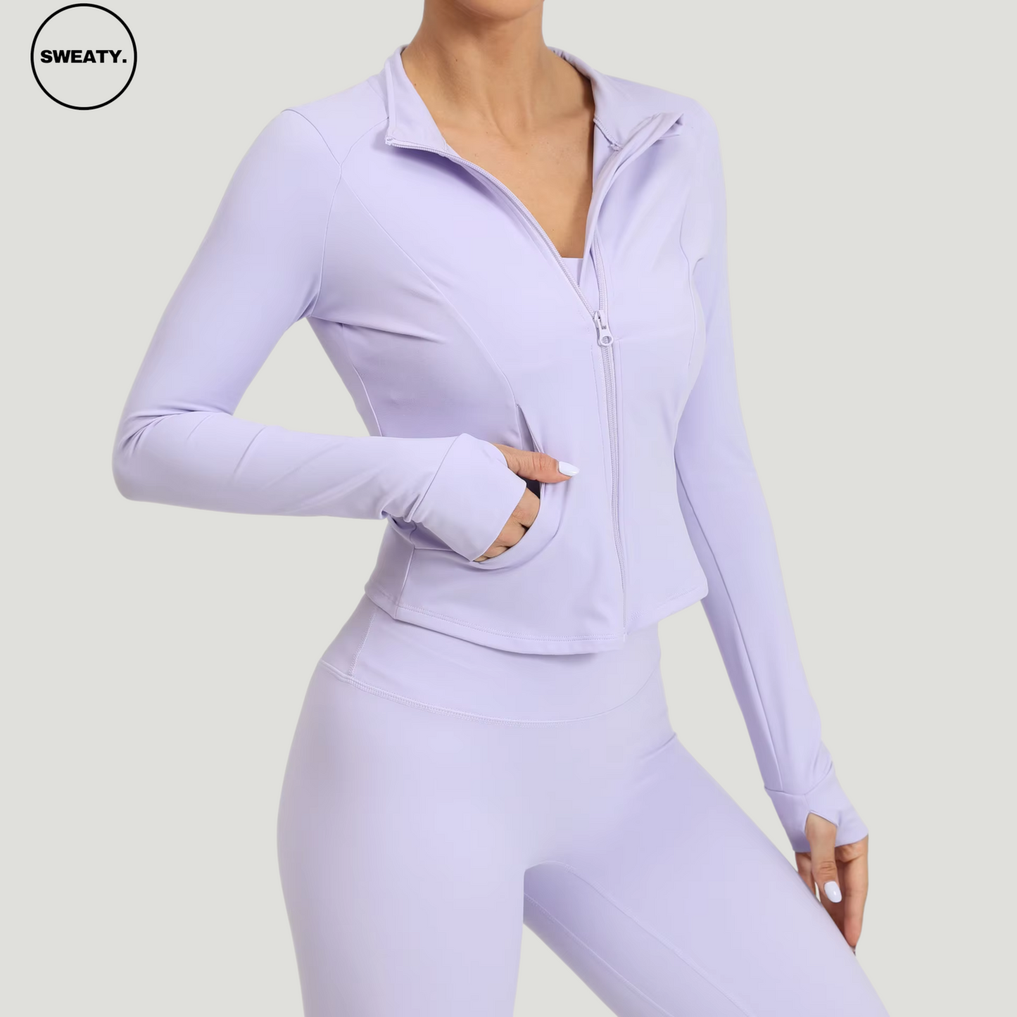 Light Purple Three Piece Workout Set by SWEATY - Side view of the comfortable and form-fitting workout set with moisture-wicking fabric. Great for running, yoga, or fitness activities.