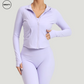 Light Purple Three Piece Workout Set by SWEATY - Flexible, breathable workout set featuring zip-up jacket, sports bra, and leggings, perfect for active use. Ideal for yoga, fitness, and workouts.